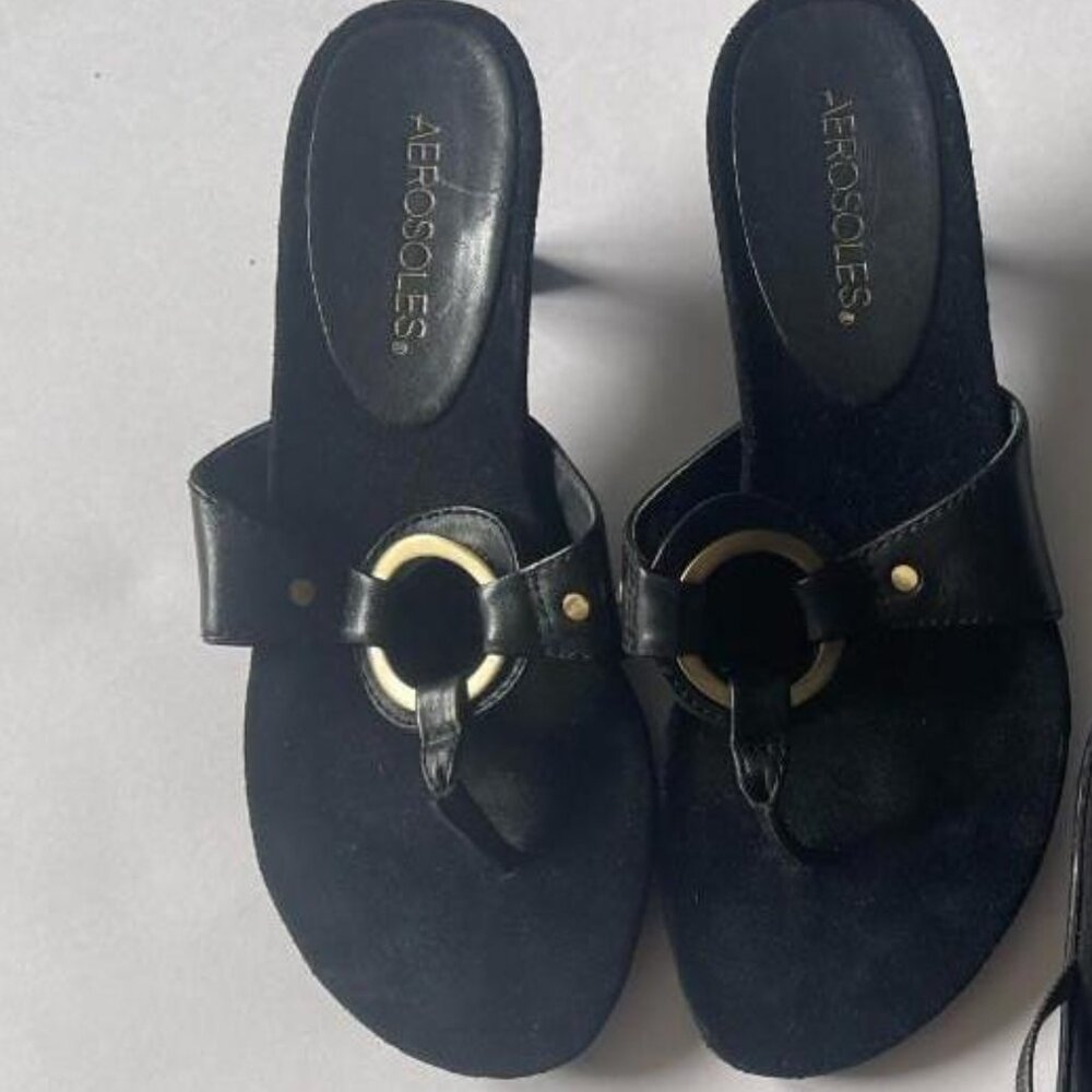 Brand New - Pair of Black Thong-Style Wedge Sandals from Aerosoles, Size 6